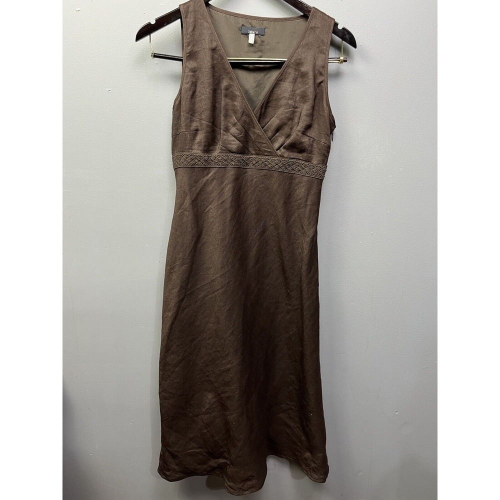 Jake's Dress Womens 36 Brown 100% Linen V-Neck Sleeveless Crochet Empire Midi